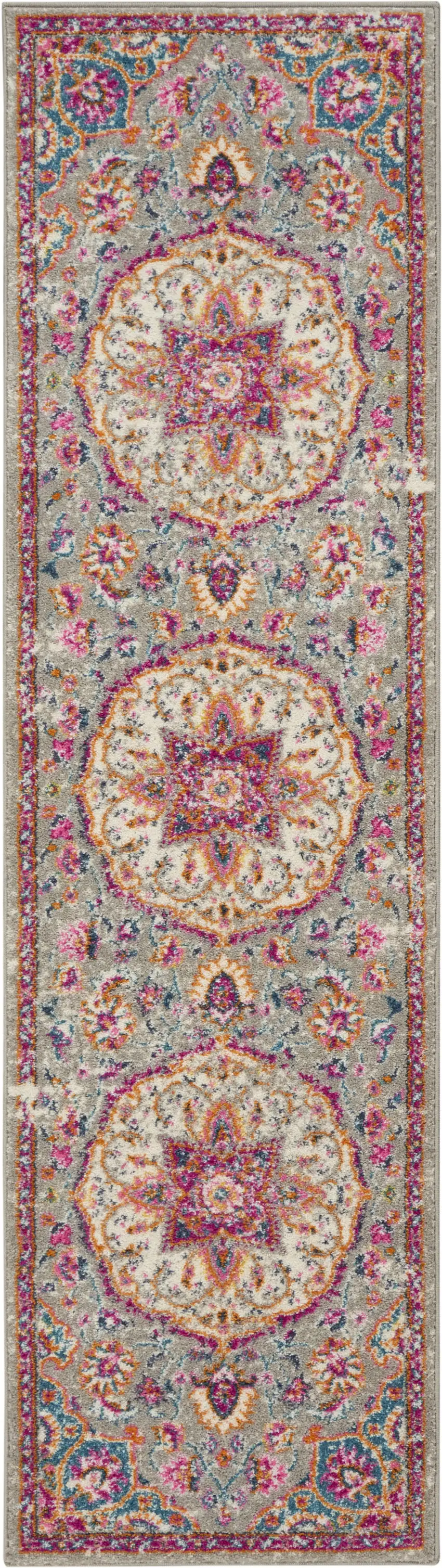 10' Gray Blue And Yellow Medallion Runner Rug Photo 6