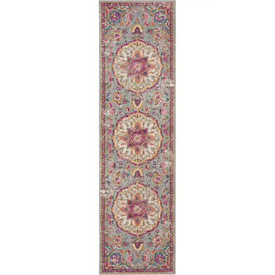 10' Gray Blue And Yellow Medallion Runner Rug Photo 6