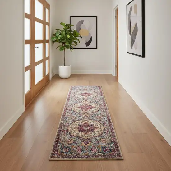 10' Gray Blue And Yellow Medallion Runner Rug Photo 1