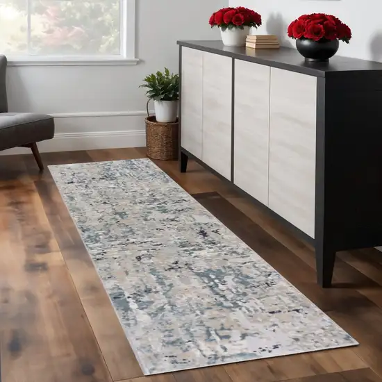 8' Gray Blue Taupe And Cream Abstract Distressed Runner Rug Photo 1