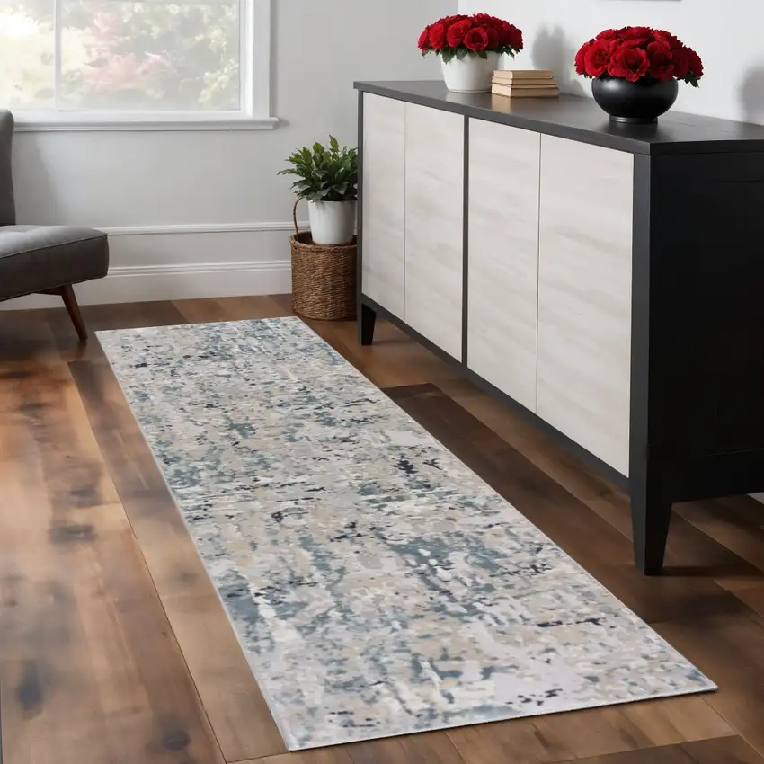 8' Gray Blue Taupe And Cream Abstract Distressed Runner Rug Photo 1