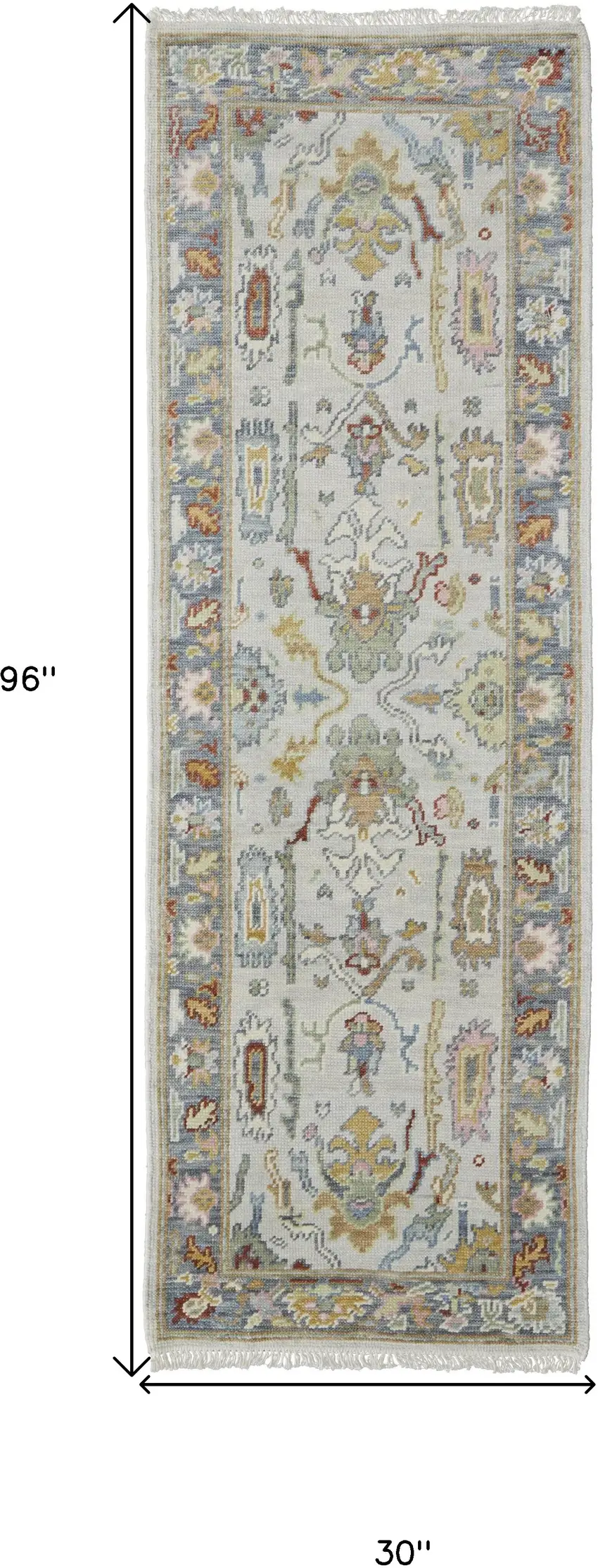 8' Gray Blue and Gold Wool Oriental Hand Knotted Runner Rug With Fringe Photo 3