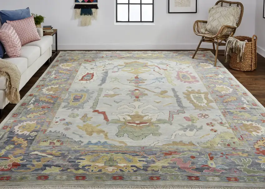 8' Gray Blue and Gold Wool Oriental Hand Knotted Runner Rug With Fringe Photo 8