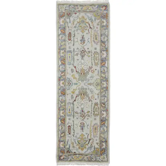 8' Gray Blue and Gold Wool Oriental Hand Knotted Runner Rug With Fringe Photo 2