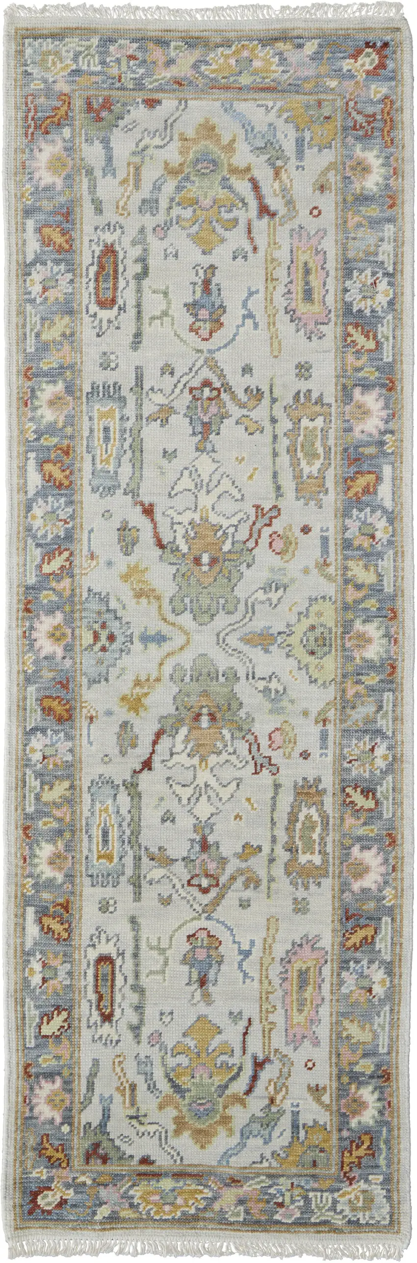 8' Gray Blue and Gold Wool Oriental Hand Knotted Runner Rug With Fringe Photo 2