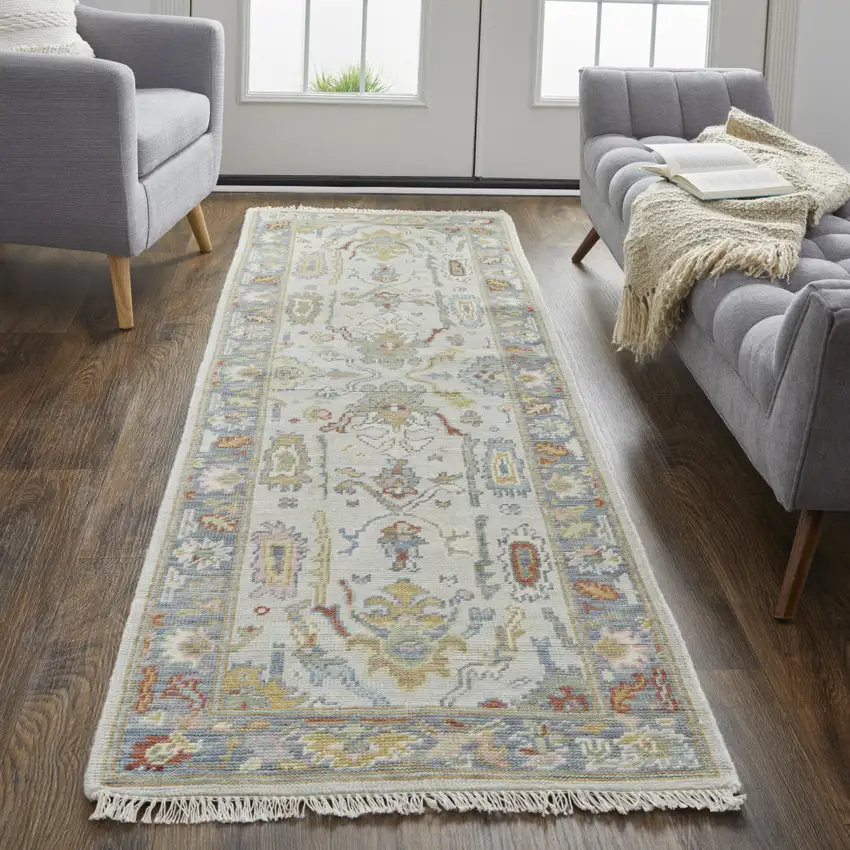 8' Gray Blue and Gold Wool Oriental Hand Knotted Runner Rug With Fringe Photo 7