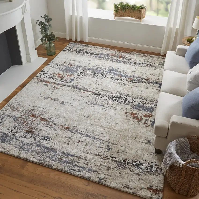 8' Gray Blue and Ivory Abstract Power Loom Runner Rug Photo 9