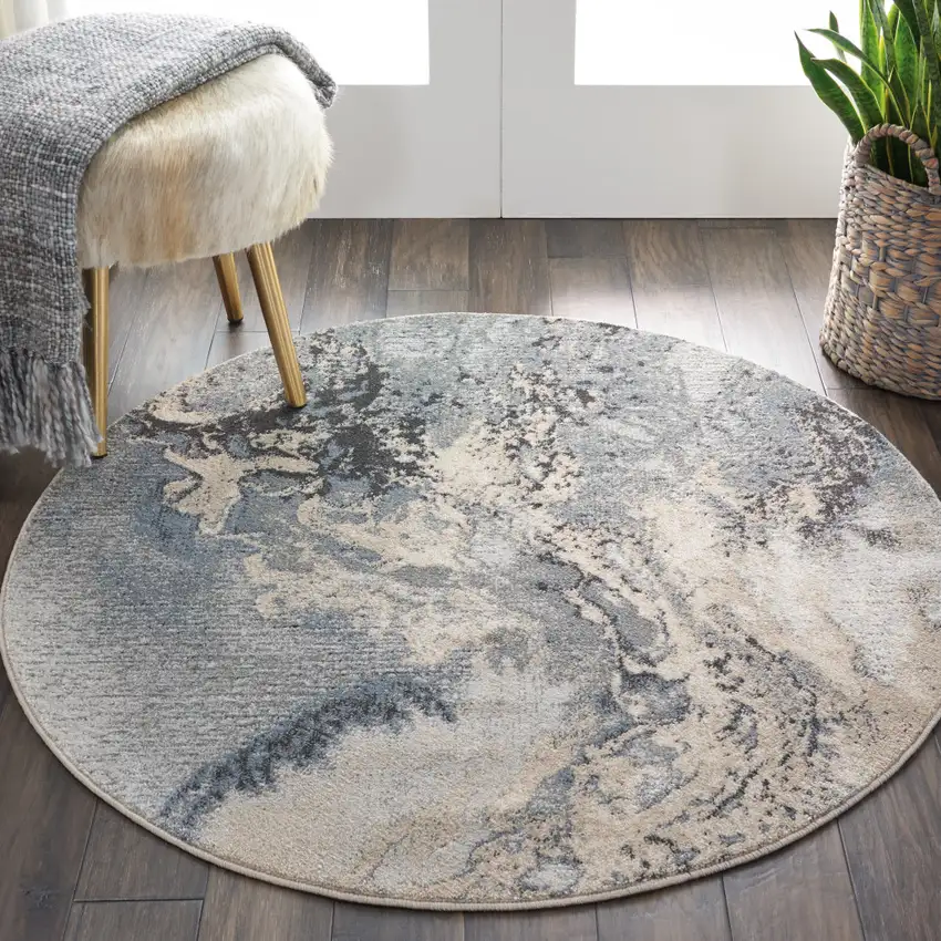 5' Gray Blue and Ivory Abstract Round Rug Photo 5