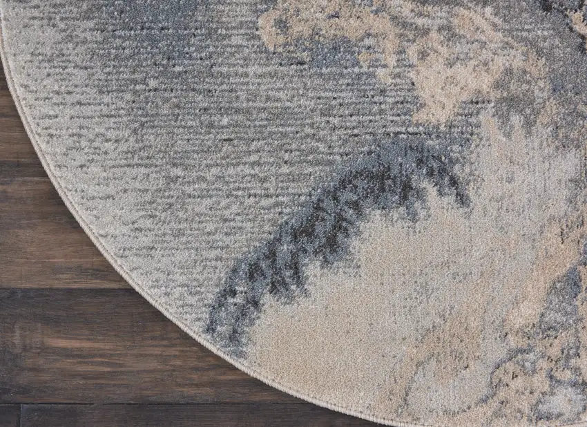 5' Gray Blue and Ivory Abstract Round Rug Photo 6