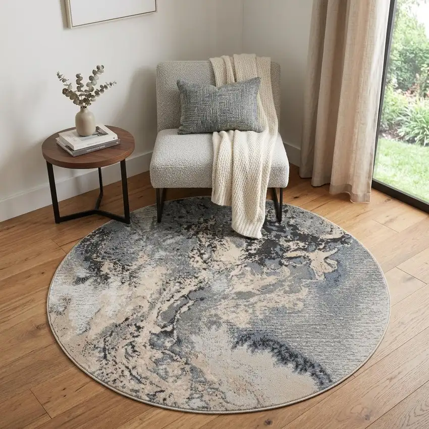 5' Gray Blue and Ivory Abstract Round Rug Photo 1