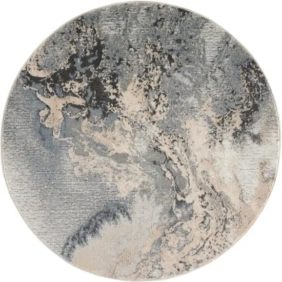 5' Gray Blue and Ivory Abstract Round Rug Photo 4