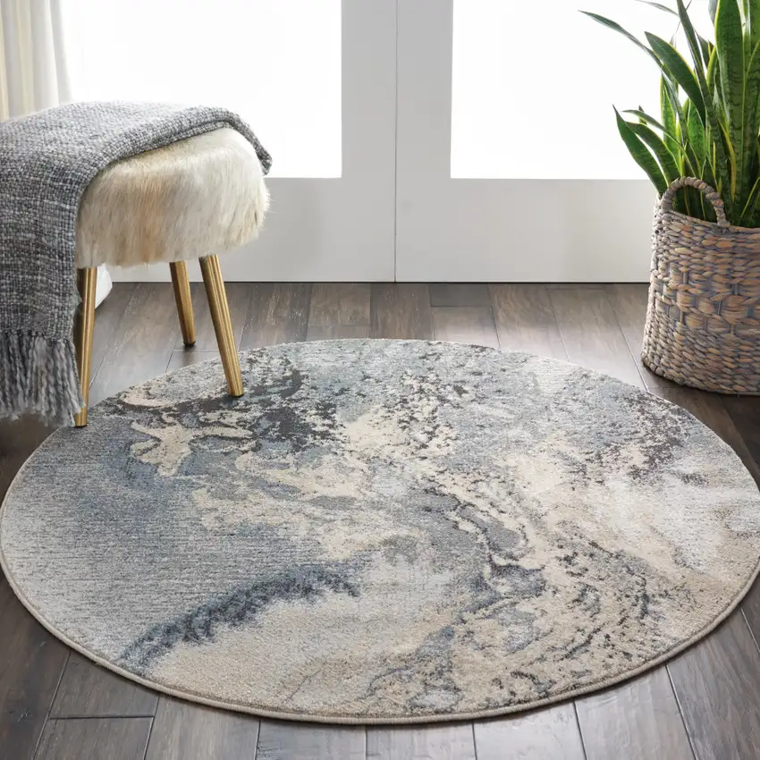 5' Gray Blue and Ivory Abstract Round Rug Photo 6