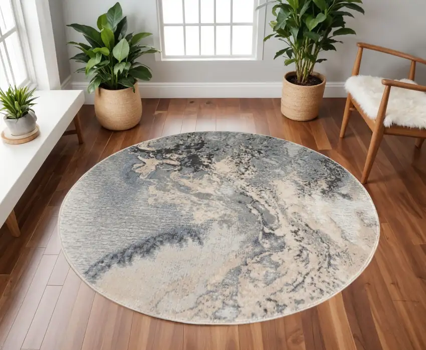 5' Gray Blue and Ivory Abstract Round Rug Photo 1