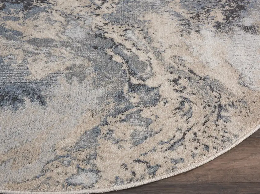 5' Gray Blue and Ivory Abstract Round Rug Photo 7