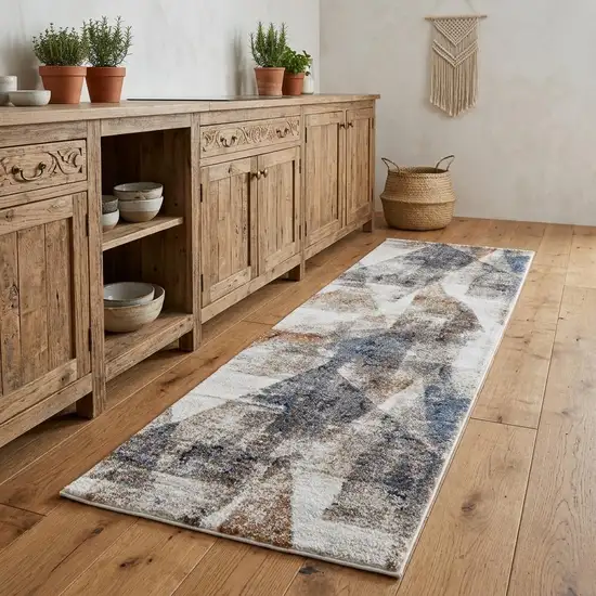 8' Gray Blue and Ivory Checkered Power Loom Runner Rug Photo 1