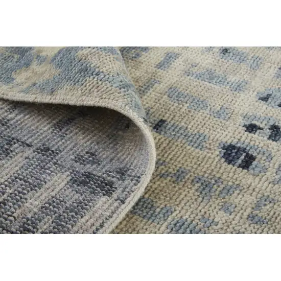 8' Gray Blue and Ivory Wool Abstract Hand Knotted Runner Rug Photo 7