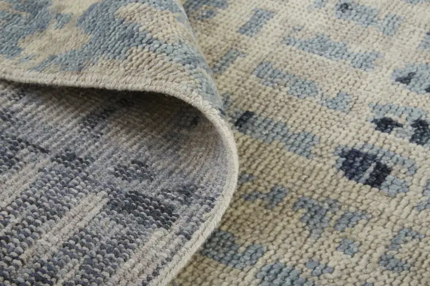 8' Gray Blue and Ivory Wool Abstract Hand Knotted Runner Rug Photo 7