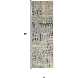 Photo of 8' Gray Blue and Ivory Wool Abstract Hand Knotted Runner Rug