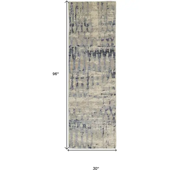 8' Gray Blue and Ivory Wool Abstract Hand Knotted Runner Rug Photo 3