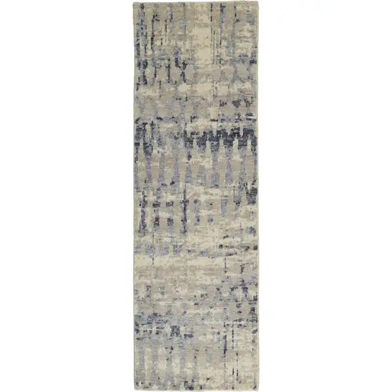 8' Gray Blue and Ivory Wool Abstract Hand Knotted Runner Rug Photo 2