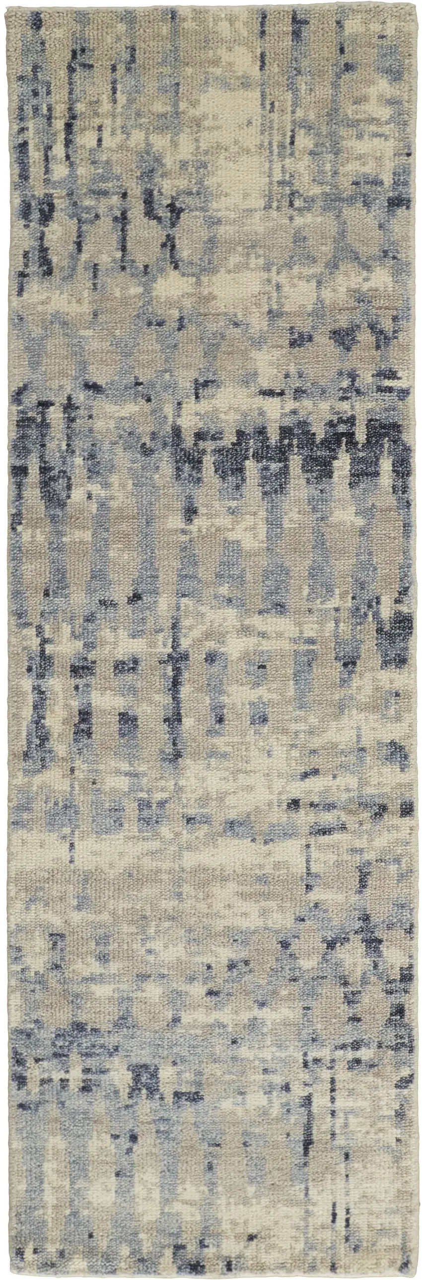 8' Gray Blue and Ivory Wool Abstract Hand Knotted Runner Rug Photo 2