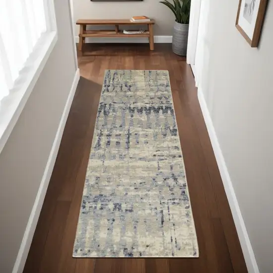 8' Gray Blue and Ivory Wool Abstract Hand Knotted Runner Rug Photo 1