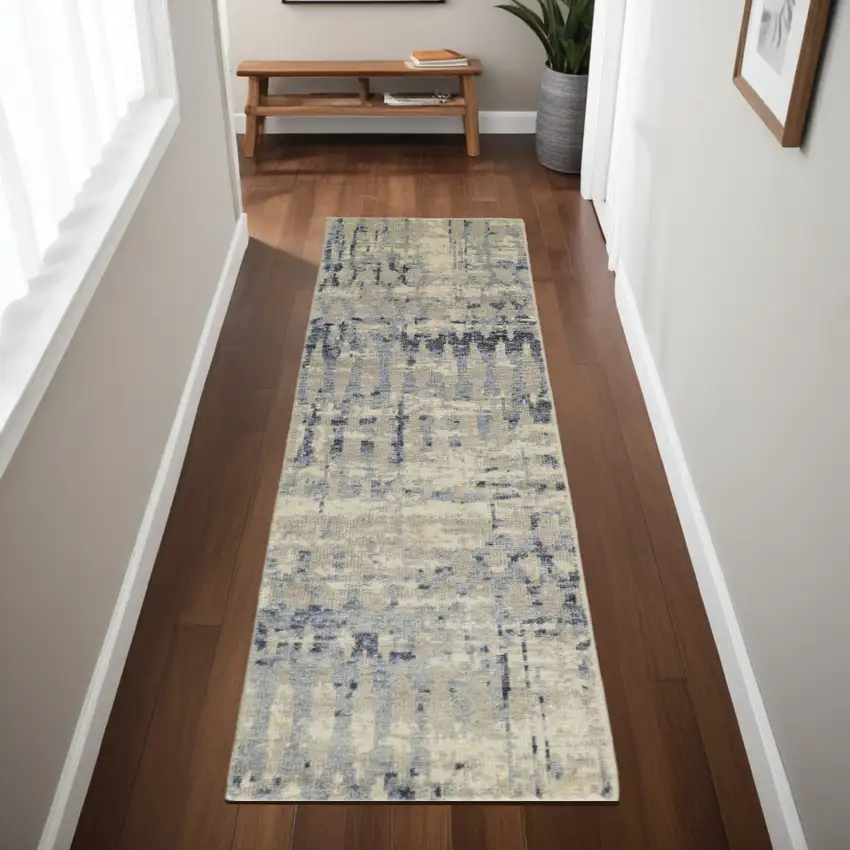 8' Gray Blue and Ivory Wool Abstract Hand Knotted Runner Rug Photo 1