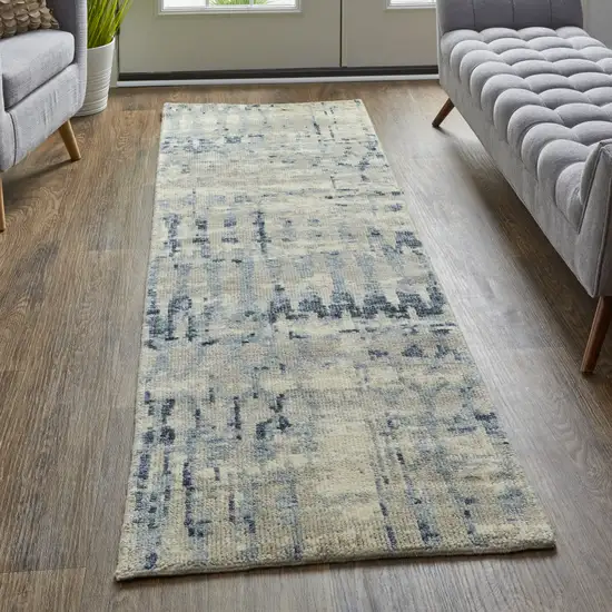 8' Gray Blue and Ivory Wool Abstract Hand Knotted Runner Rug Photo 5