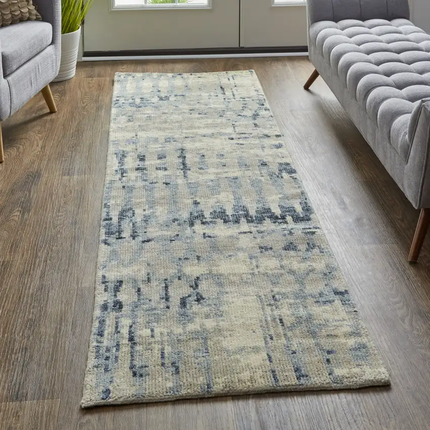 8' Gray Blue and Ivory Wool Abstract Hand Knotted Runner Rug Photo 5