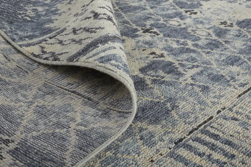 8' Gray Blue and Ivory Wool Floral Hand Knotted Runner Rug Photo 6