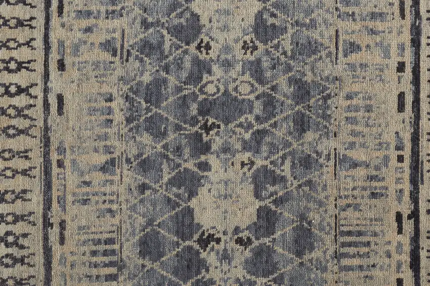 8' Gray Blue and Ivory Wool Floral Hand Knotted Runner Rug Photo 7