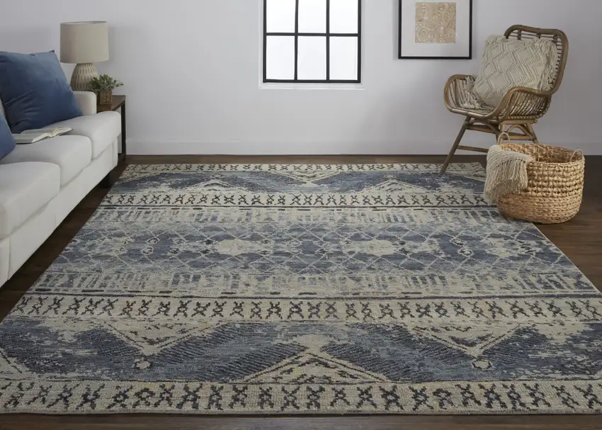 8' Gray Blue and Ivory Wool Floral Hand Knotted Runner Rug Photo 4