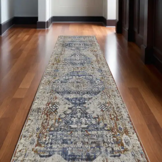 10' Gray Blue and Orange Oriental Power Loom Worn Faded Runner Rug With Fringe Photo 1