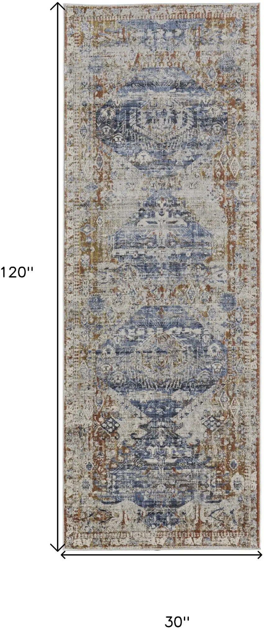 10' Gray Blue and Orange Oriental Power Loom Worn Faded Runner Rug With Fringe Photo 3