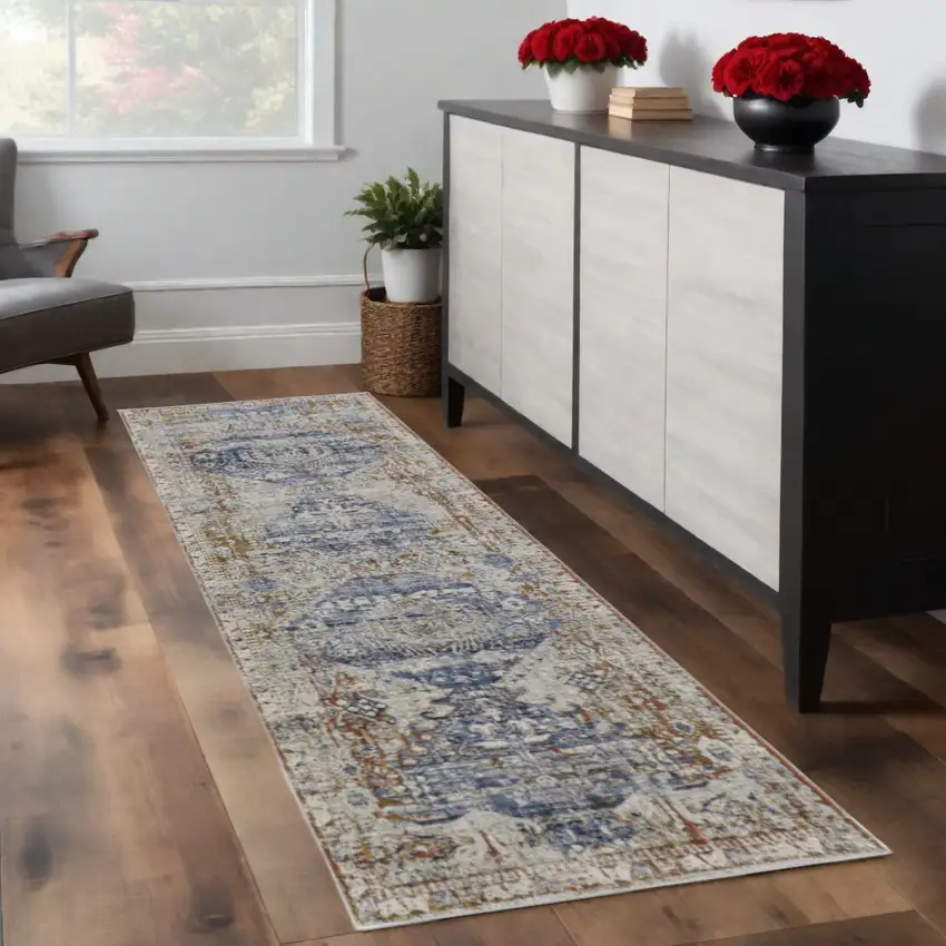 8' Gray Blue and Orange Oriental Power Loom Worn Faded Runner Rug With Fringe Photo 1