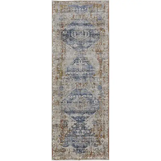 8' Gray Blue and Orange Oriental Power Loom Worn Faded Runner Rug With Fringe Photo 2