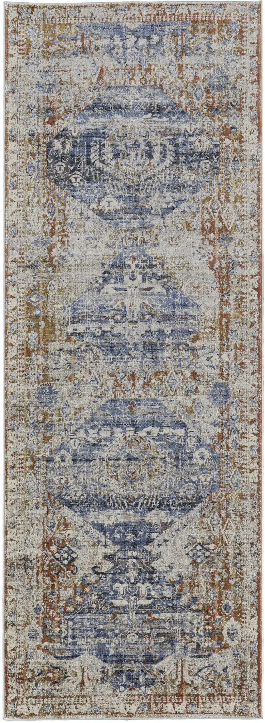 8' Gray Blue and Orange Oriental Power Loom Worn Faded Runner Rug With Fringe Photo 2