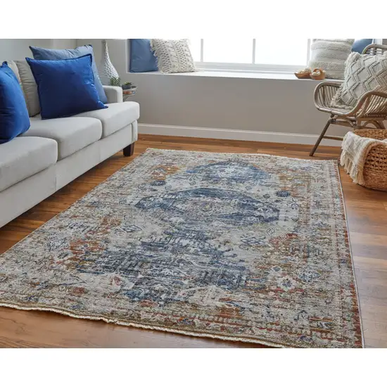 8' Gray Blue and Orange Oriental Power Loom Worn Faded Runner Rug With Fringe Photo 5