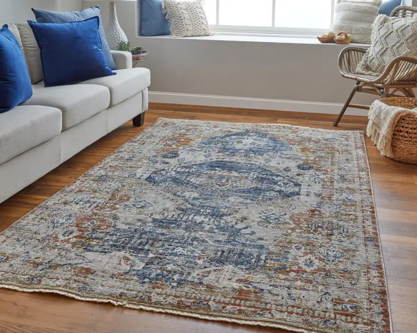 8' Gray Blue and Orange Oriental Power Loom Worn Faded Runner Rug With Fringe Photo 5