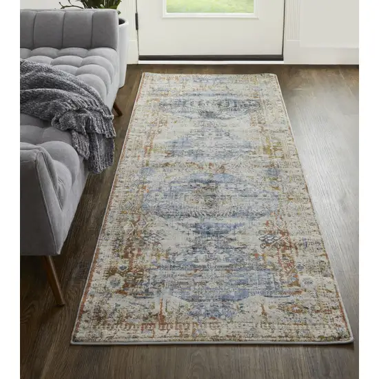 8' Gray Blue and Orange Oriental Power Loom Worn Faded Runner Rug With Fringe Photo 6