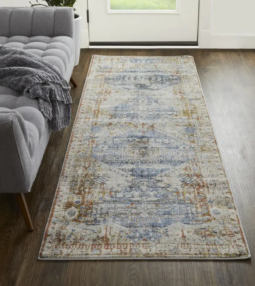8' Gray Blue and Orange Oriental Power Loom Worn Faded Runner Rug With Fringe Photo 6