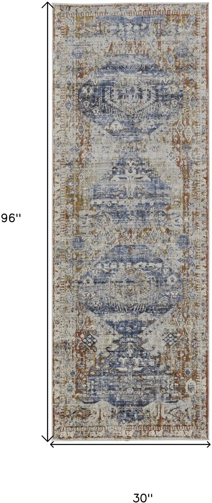 8' Gray Blue and Orange Oriental Power Loom Worn Faded Runner Rug With Fringe Photo 3