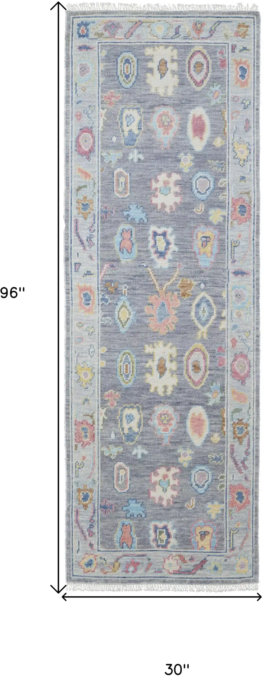 8' Gray Blue and Purple Wool Oriental Hand Knotted Runner Rug With Fringe Photo 3