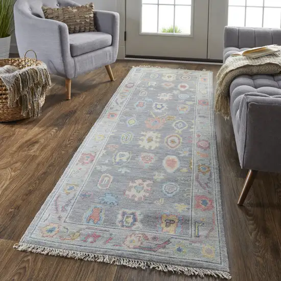 8' Gray Blue and Purple Wool Oriental Hand Knotted Runner Rug With Fringe Photo 7