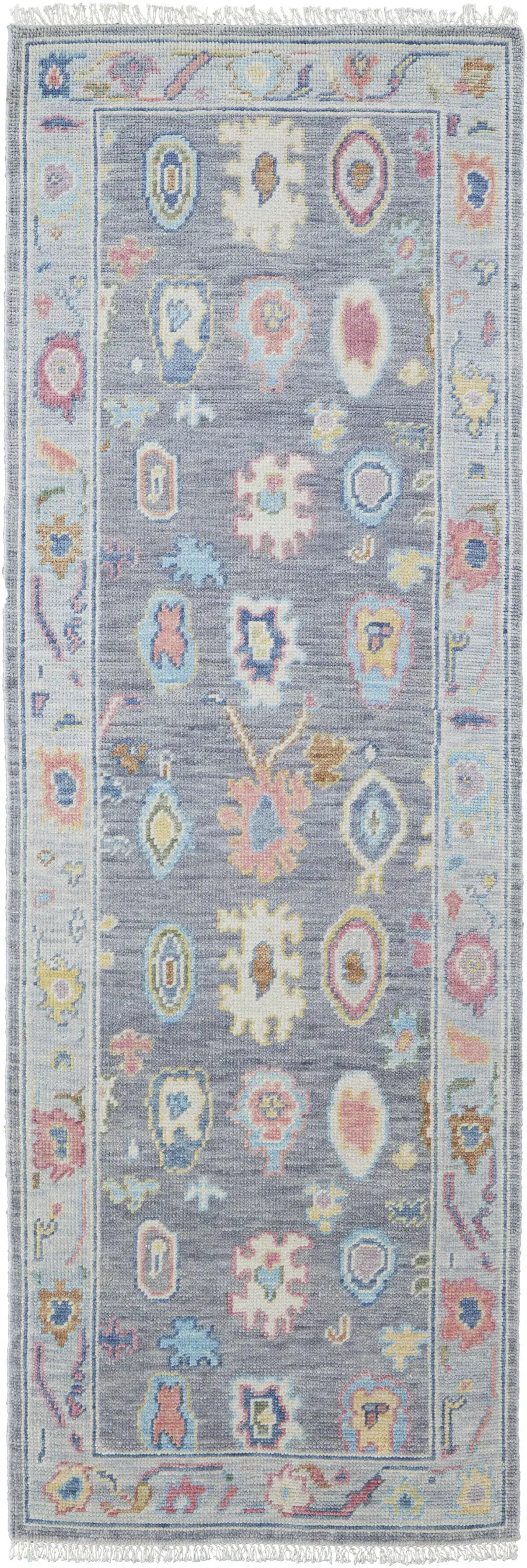 8' Gray Blue and Purple Wool Oriental Hand Knotted Runner Rug With Fringe Photo 2