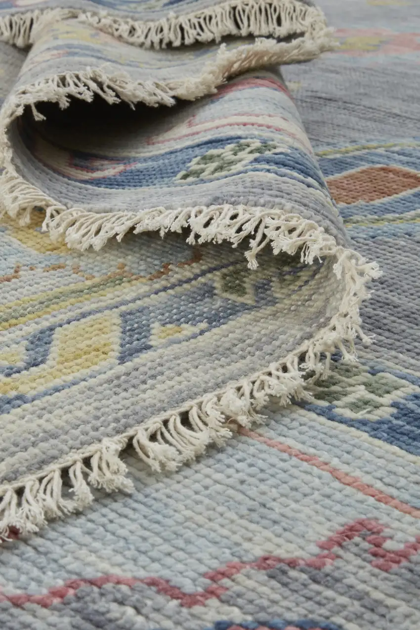 8' Gray Blue and Purple Wool Oriental Hand Knotted Runner Rug With Fringe Photo 6