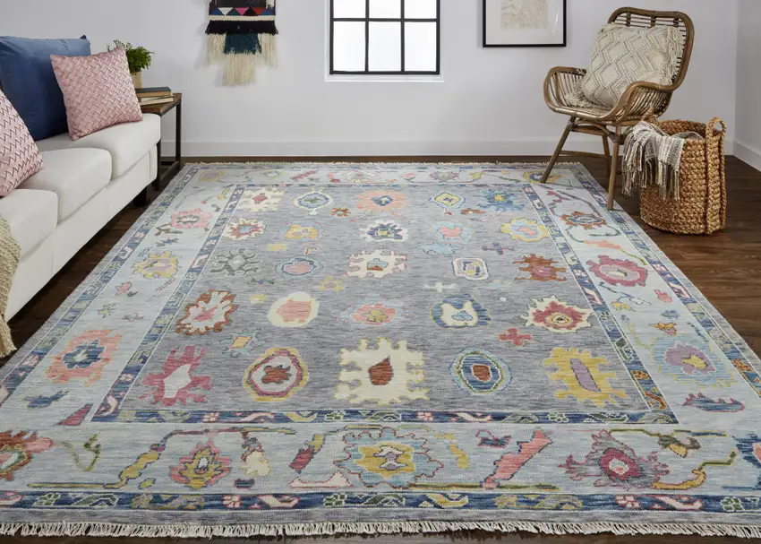 8' Gray Blue and Purple Wool Oriental Hand Knotted Runner Rug With Fringe Photo 8