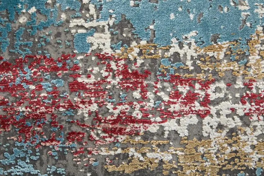 10' Gray Blue and Red Abstract Power Loom Runner Rug With Fringe Photo 8