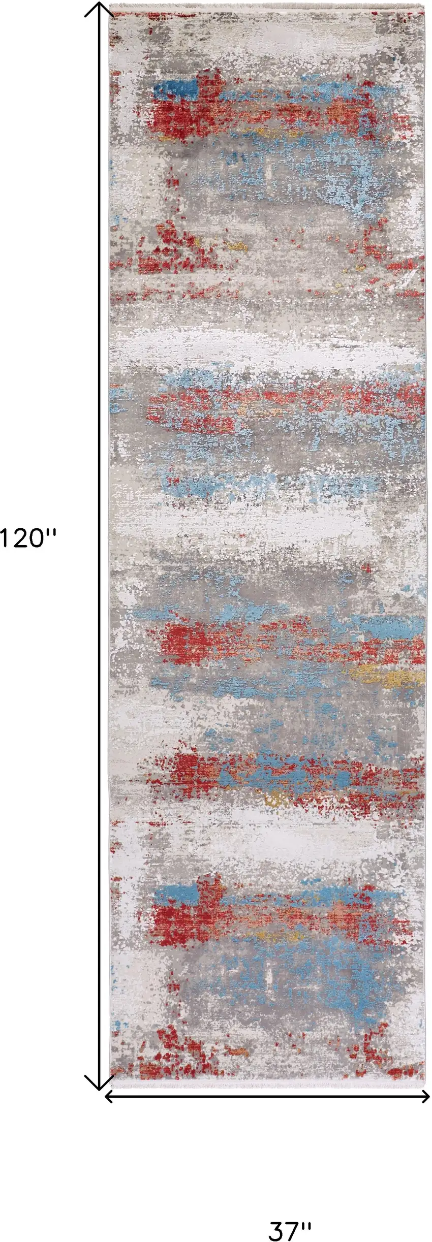 10' Gray Blue and Red Abstract Power Loom Runner Rug With Fringe Photo 3