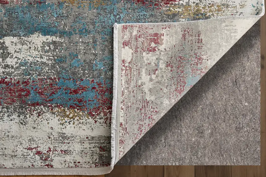 10' Gray Blue and Red Abstract Power Loom Runner Rug With Fringe Photo 4